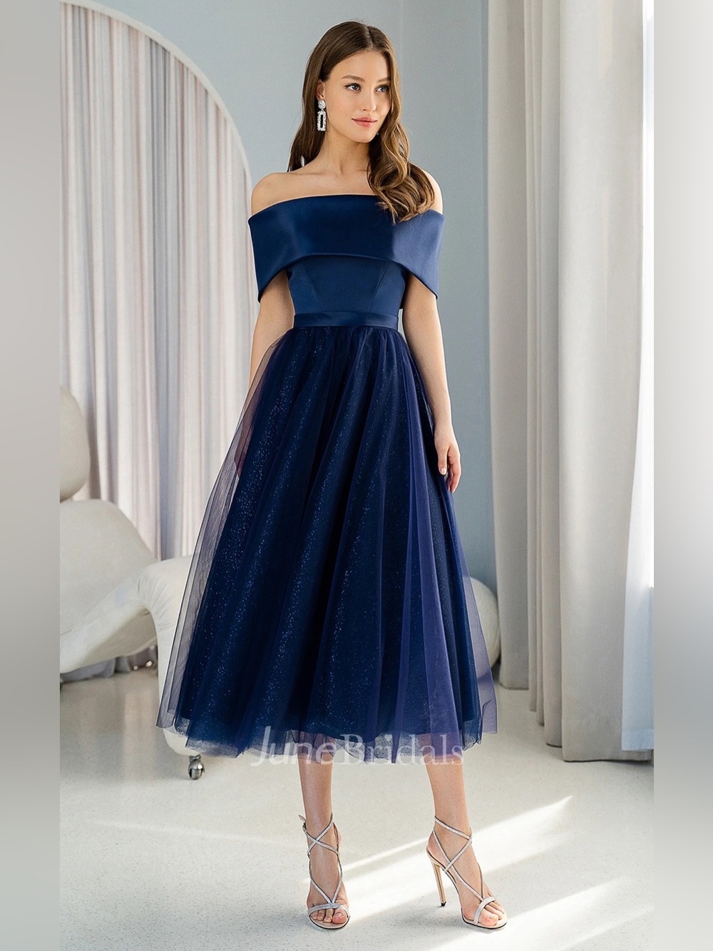 NWT Modern Tea-length A-Line Off-the-shoulder Satin Tulle Formal Dress. Navy 12
